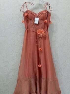 Zimmermann Floral Appliqué Corset Midi Dress | Tie Strap | Romantic Peach Pink